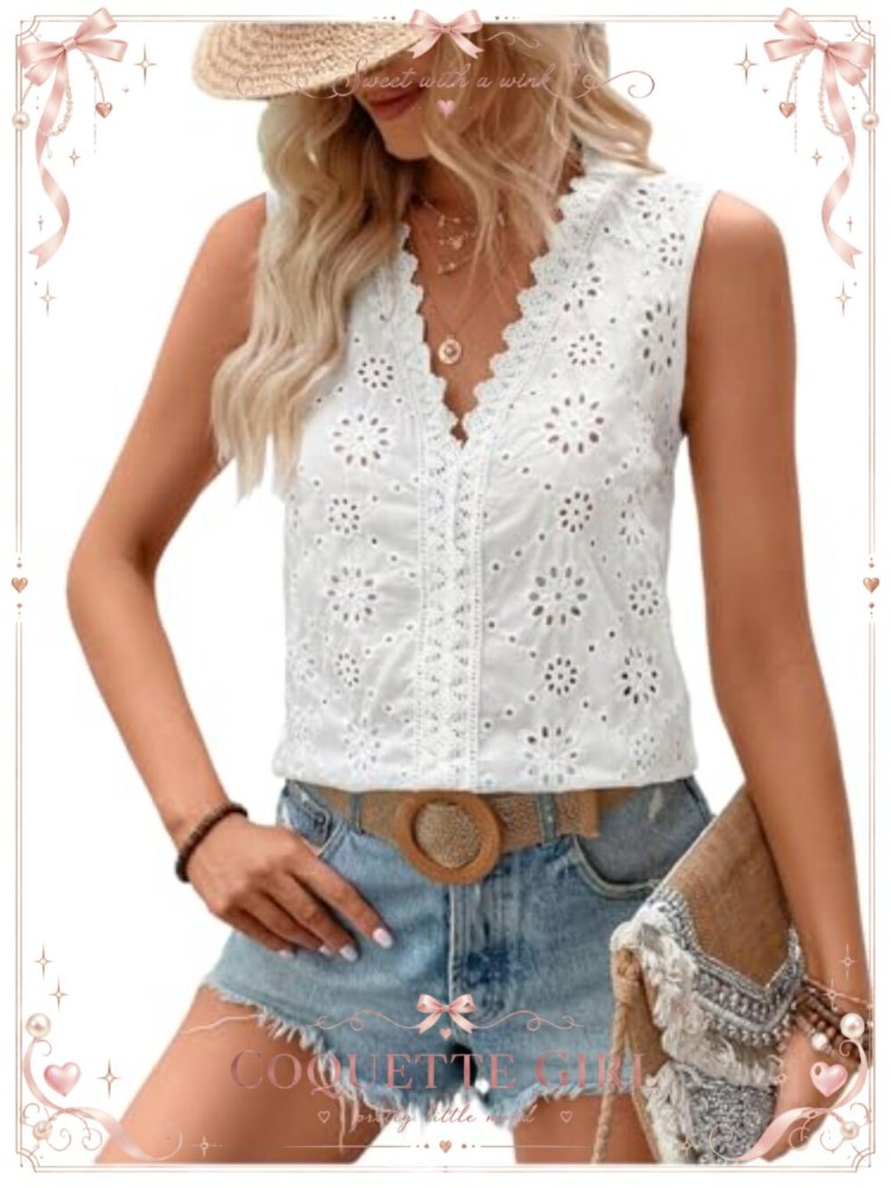Lace Eyelet Embroidery Sleeveless V Neck Blouse Boho Summer Top